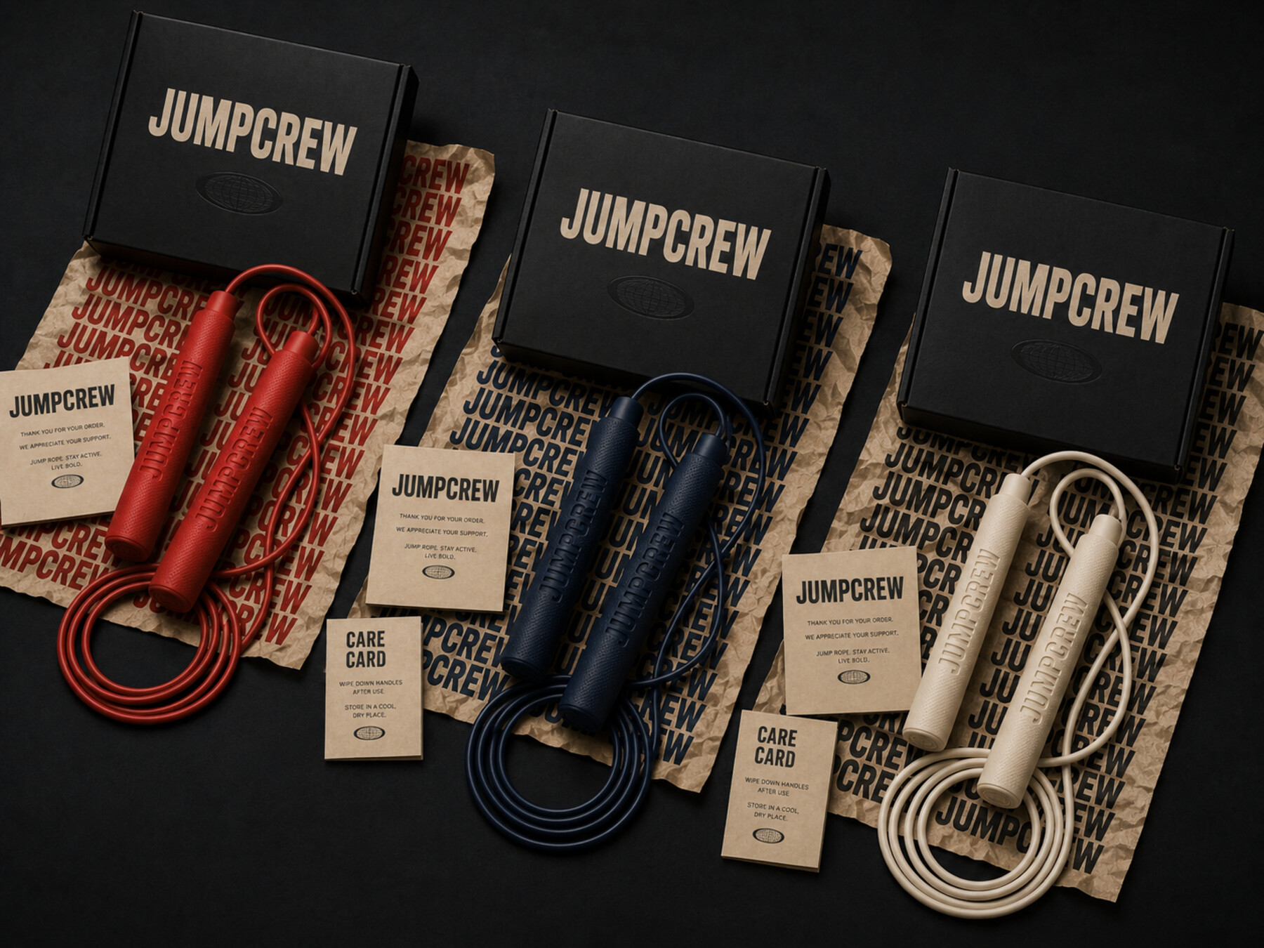 JUMPCREW jump ropes in red, navy and cream