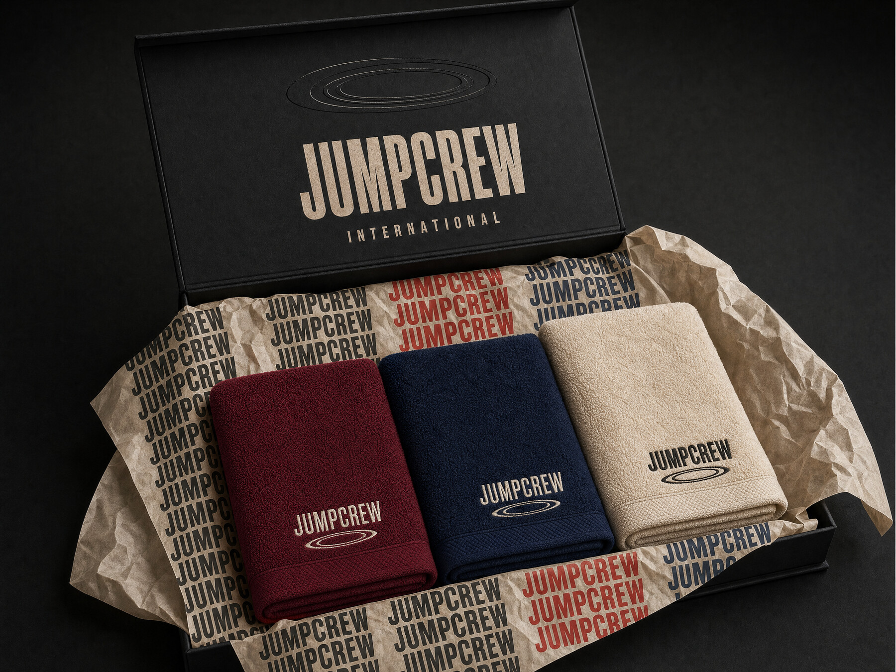 JUMPCREW branded towels in red, navy and cream